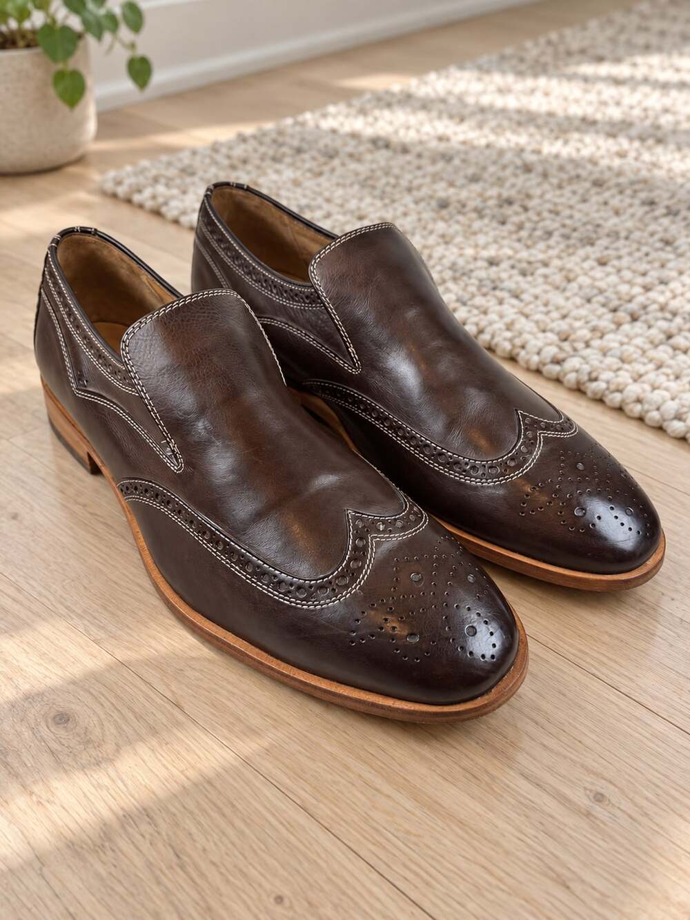 Johnston & Murphy J&M 1850 Wingtip Brogue Slip On Brown Leather Shoes 12M